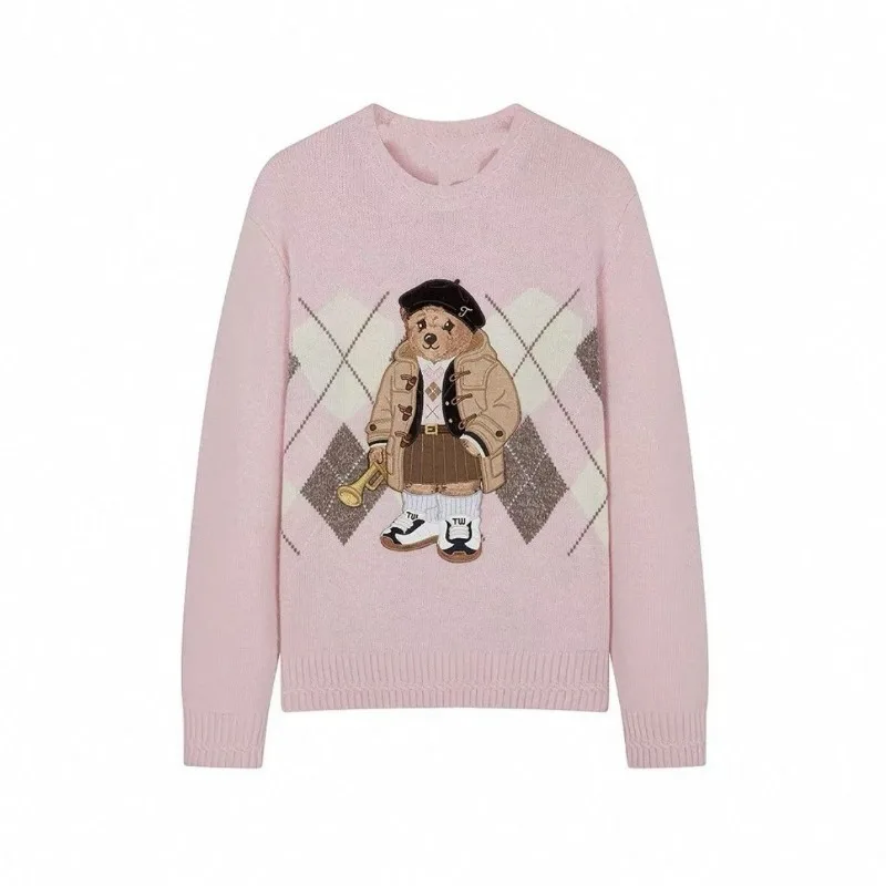 2025年秋新作 クマ柄ニットプルオーバー レディースファッション ダイヤモンドジャカード フィット Oネックセーター 高級刺繍ジャンパー トップス