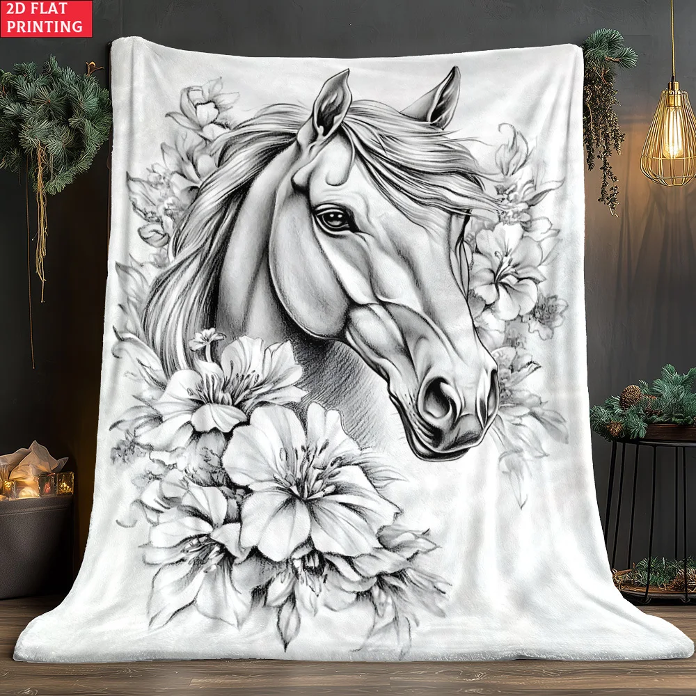 1pc a Lightweight Outdoor Blanket Featuring a 2D Flat Flower Horse Coloring Design, Perfect for Home Decor, Travel, Camping, And