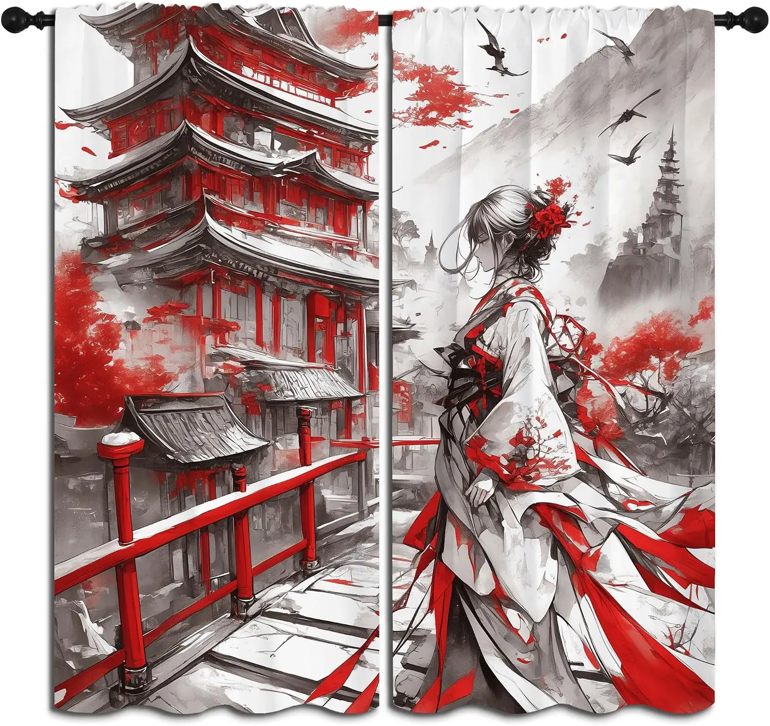 Ink Kimono Lady Red Pagoda Mountain Bird Mist Blackout Rod Pocket Curtain Oriental Retro Elegant Bedroom Rest Bay Window