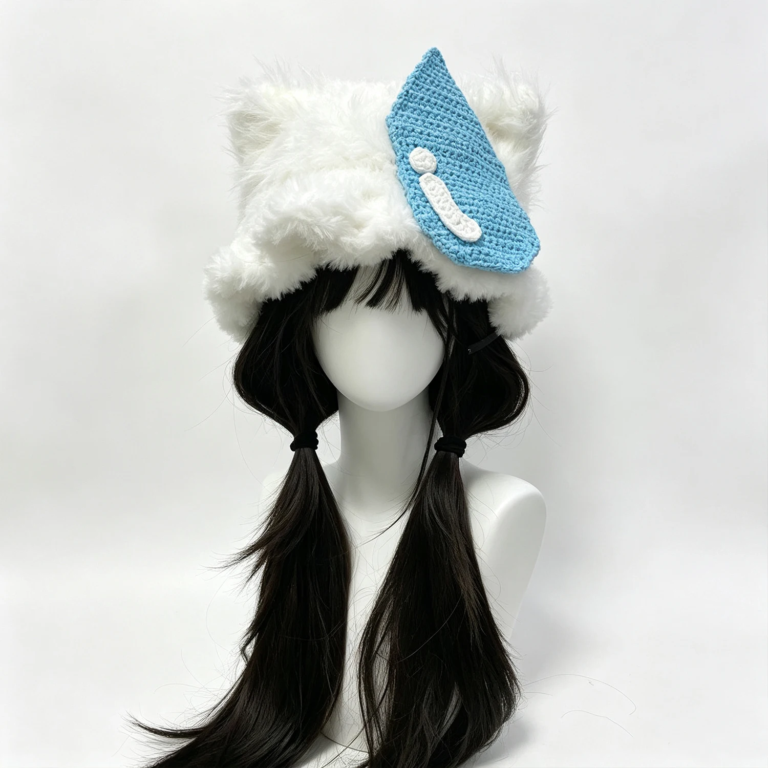 Handmade Crochet Plush Cat Ear Hat Whimsical Blue White Detachable Water‑Drop Accessory Fluffy Beanie Kawaii Winter Cap Custom