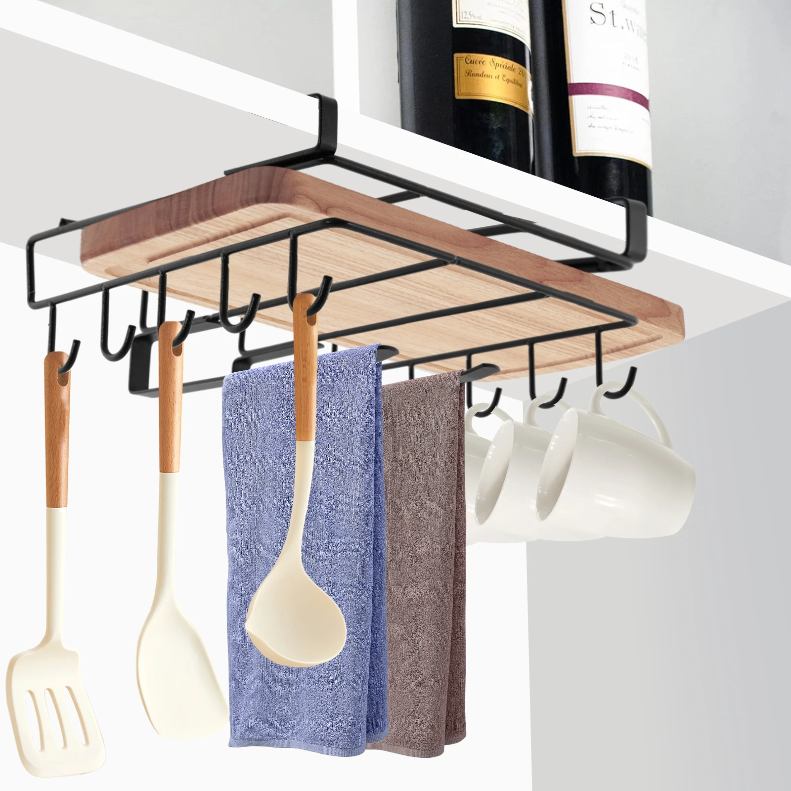 Under Cabinet Kitchen Storage Carbon Steel Chopping Board Holder W/ Hooks Space-Saving Hanging Rack Organizer for Cabinet Bottom