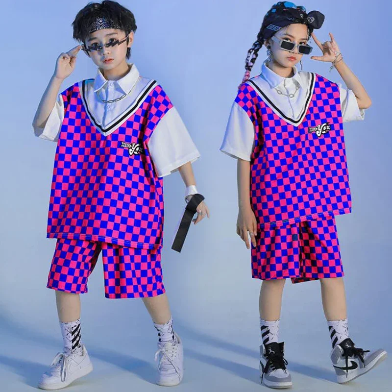 

Teen Hip Hop Clothing Checkered Lapel T Shirt Top Streetwear Shorts For Girls Boys Kpop Jazz Dance Costume Clothes