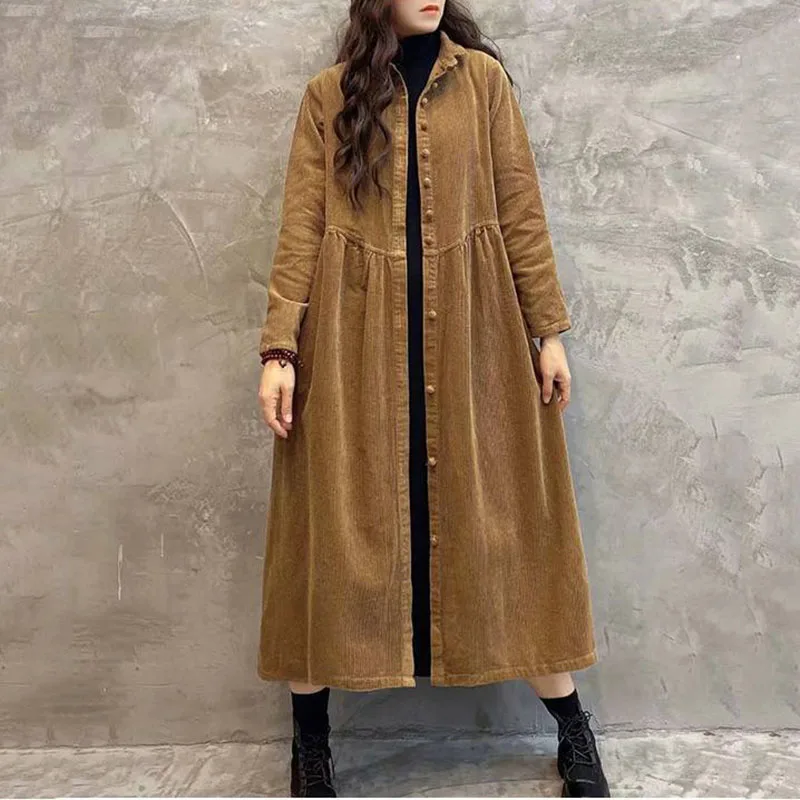 

New Women Long Trench Coat Single-Breasted Long Sleeves Corduroy Overcoat Fashion Spring Autumn Casual Windbreaker Jacket Brown