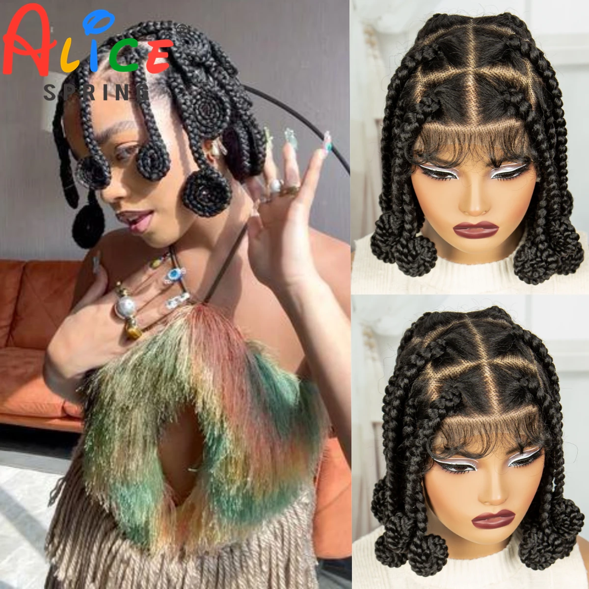 Short Handmade Bantu Braided Wigs Synthetic Knotless Full Lace Braids Wig with Baby Hair Lace Front Braiding Hair Wigs for Women