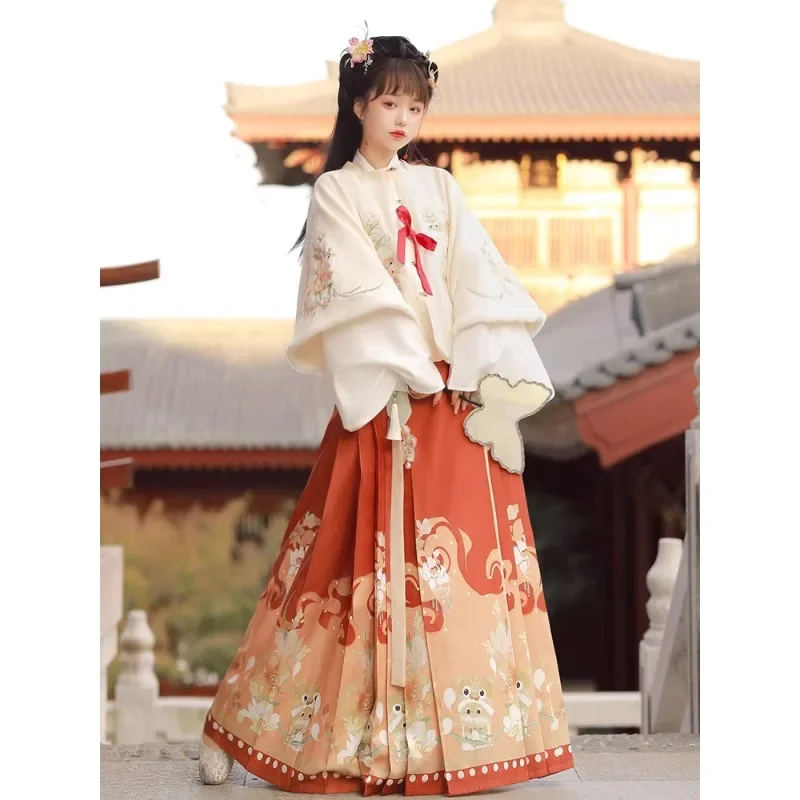 3 Colors Winter Heavy Industry Ming Dynasty Dragon Flower Embroidery Thickened Jacket Top Skirt Hanfu Set Women New Year's Dress