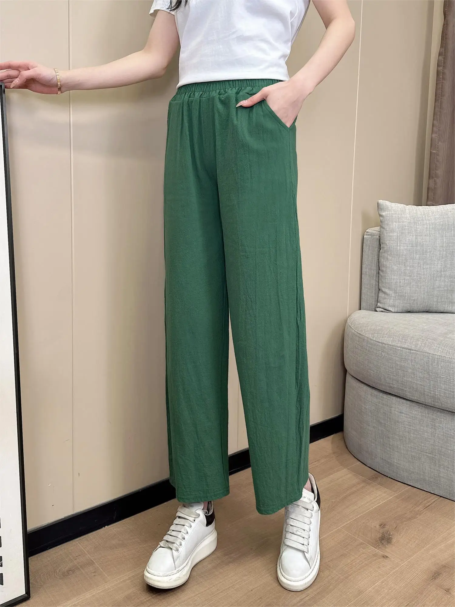 2024 Summer New Korean Cotton Linen Wide Leg Women\'s Cropped Pants Thin Loose Casual High Waist Straight Trousers Woman Clothing