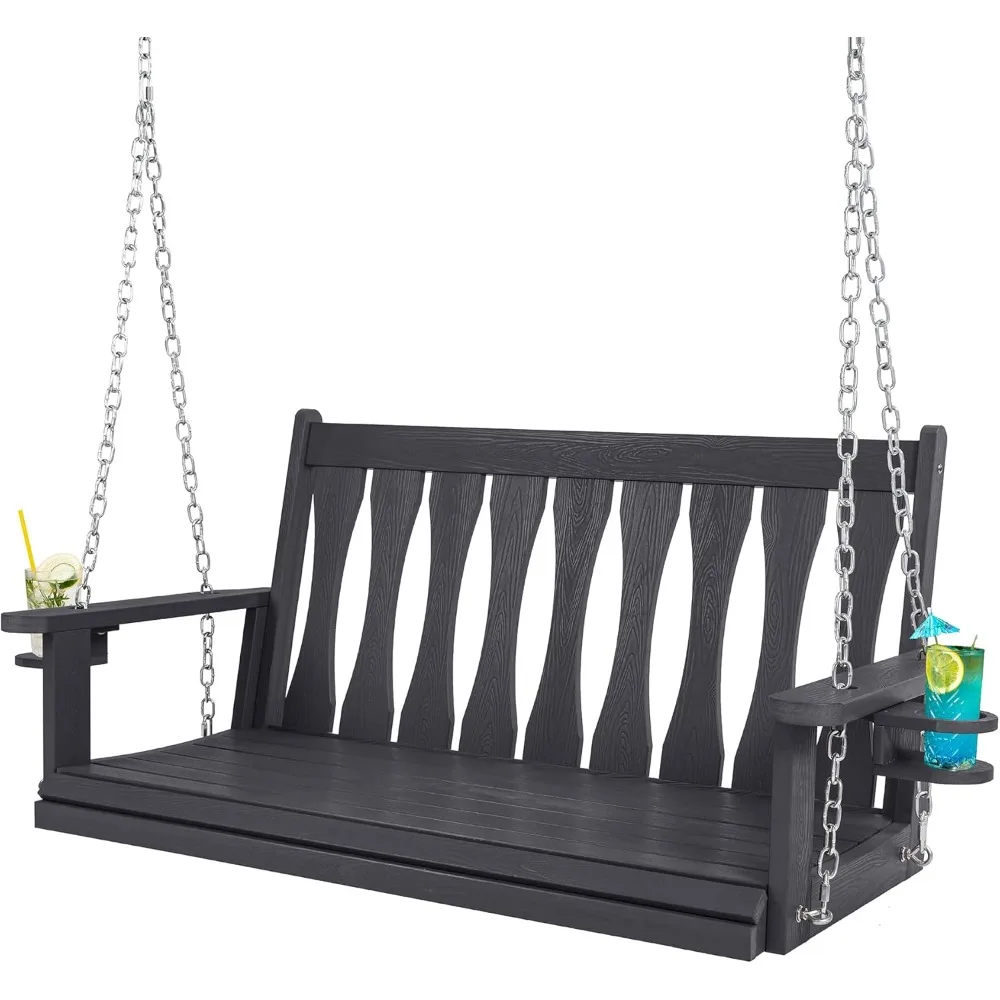 أرجوحة الشرفة المعلقة في الهواء الطلق في جميع الأحوال الجوية، مقعد أرجوحة معلق بمقعدين مع حاملات أكواب، كرسي أرجوحة للفناء مع سلاسل معلقة