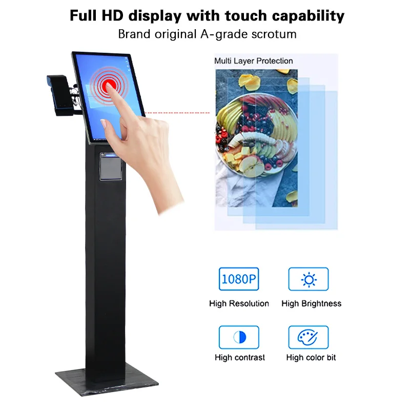 Menu Board Payment Kiosk Ticket Cheque Printing Vending Machine for Food and Drinks 15.6 Inch Vertical Black Touch Screen