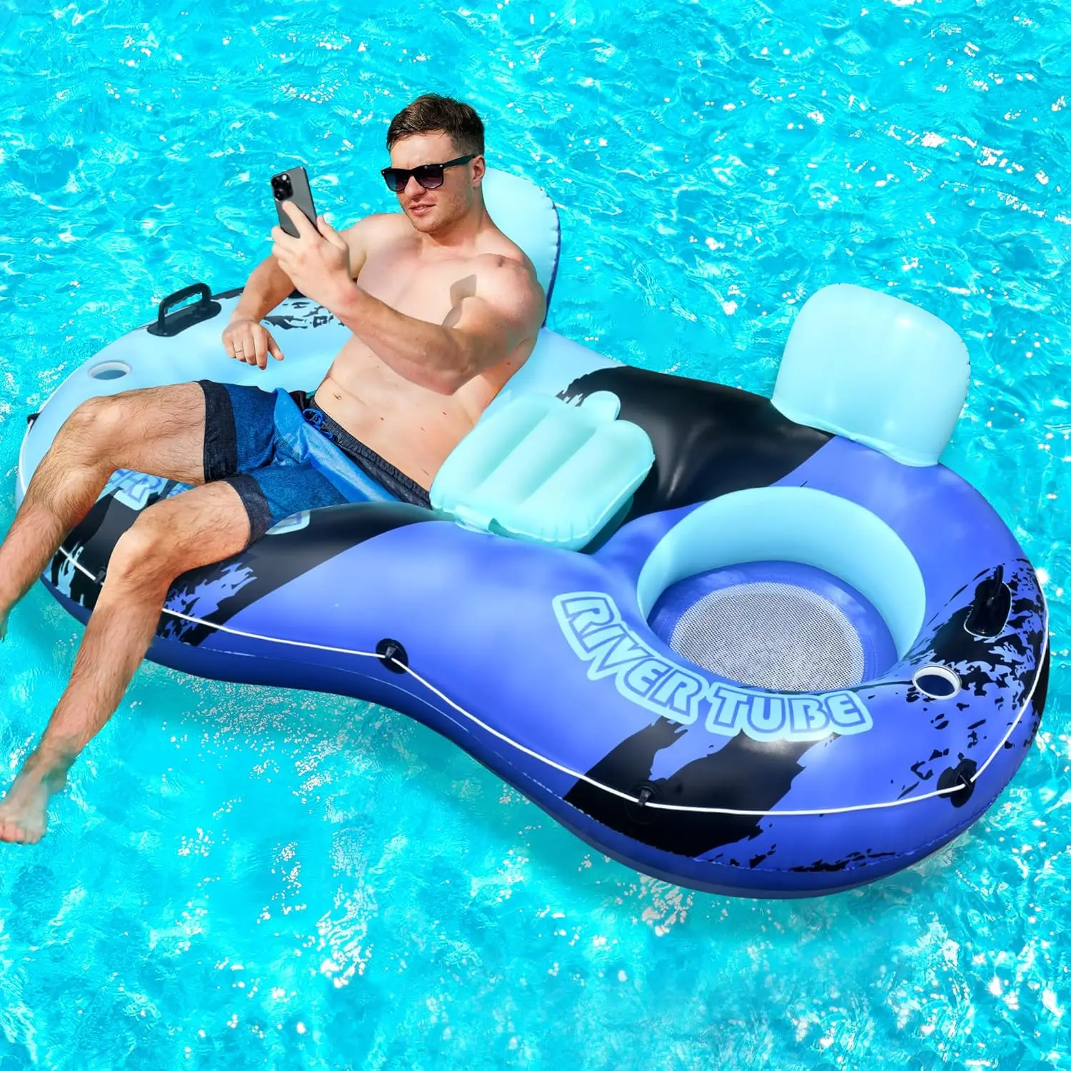 

Heavy Duty Double River Tube, 2-Person Inflatable Floating Tube with Backrest, 2 Cup Holders, Handles, Oversized Inflatable P