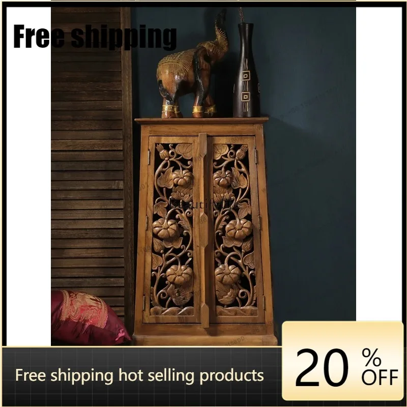 JJ South East Asia Solid Wood Carving Flower Entrance Cabinet Thai Living Room Hollow Storage Cabinet
