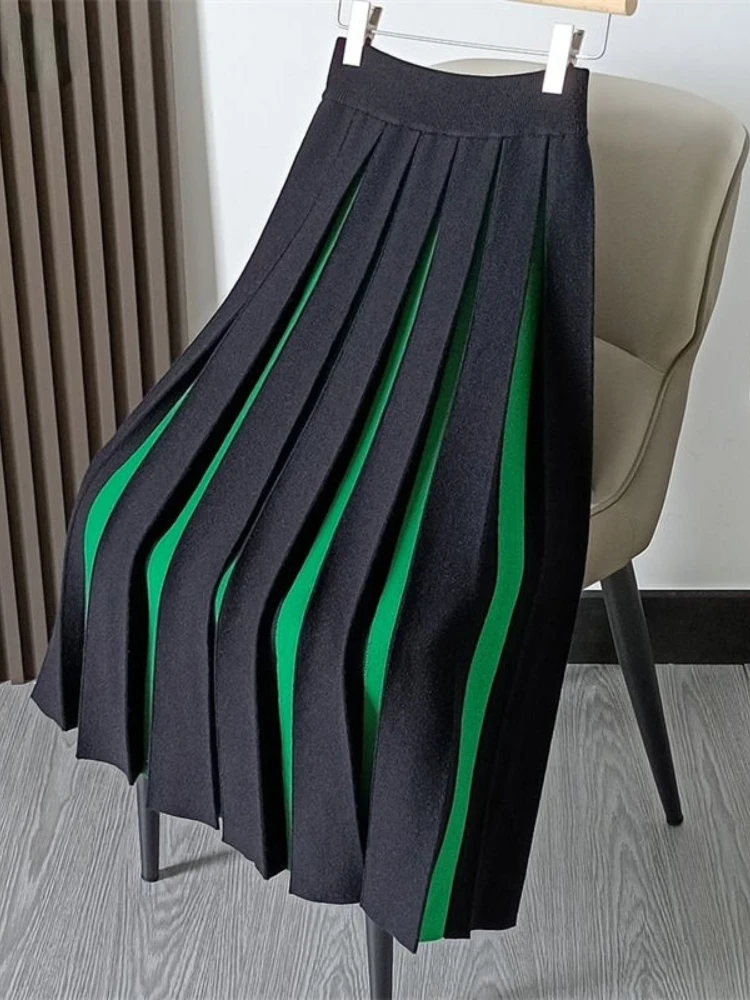 Korobov Autumn Winter Knitted Skirt Female High-waisted Green Thick Pleated Skirts Woman Contrast Color Vintage Fashion Faldas