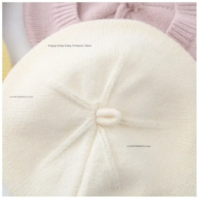 Fashion Cute Baby Knitted Beret Hat Solid Color Flower Children\'s Warm Hats Autumn Winter Cap for Kid Outdoor Bonnet Accessories