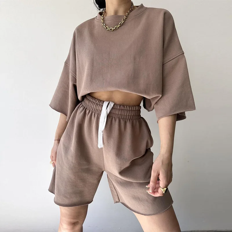 Women Two Piece Sets Round Neck Tops Y2k Short Sets Short Sleeve Lace Up Elastic Waist Loose Casual Summer Set Matching Sets