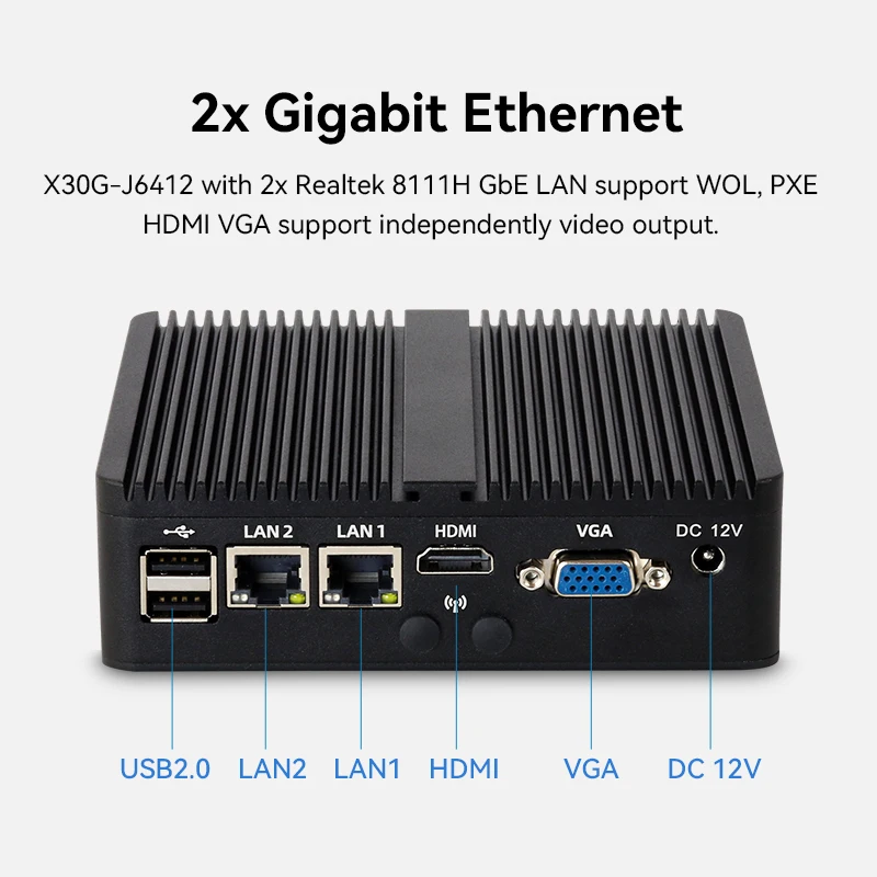 Fanless Industrial Mini PC Intel Celeron J6412 J4125 J1900 2x COM RS232 RS485 2x GbE LAN 6x USB WiFi 4G LTE SIM Windows Linux