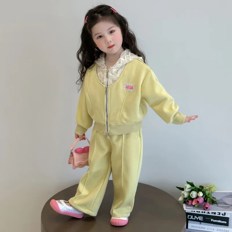 2025年秋新作 子供服 韓国風 女の子 ベビー レースパーカー フェイクツーピース パーカーパンツ カジュアルスーツ