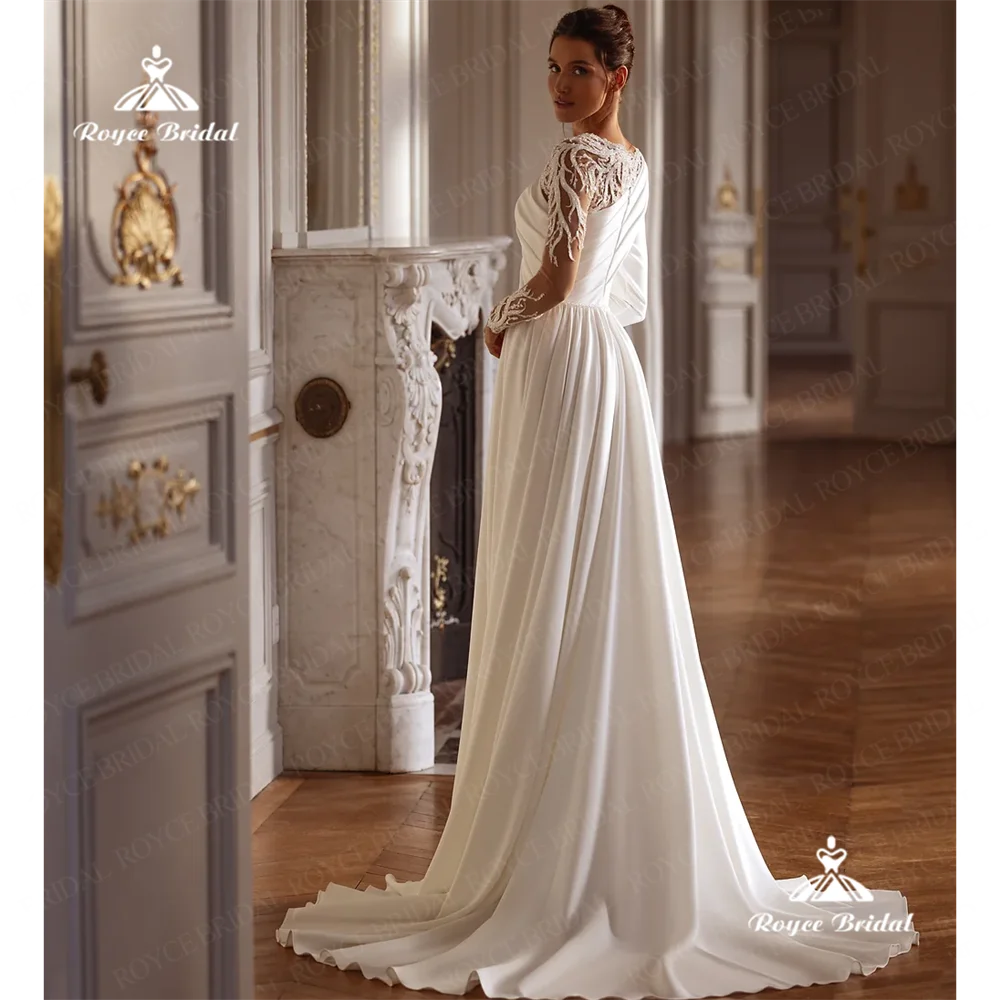 Roycebridal Brautkleid mit V-Ausschnitt, A-Linie, 2025, Satin, Seitenschlitz, Hofschleppe, maßgeschneidert, für Damen, Vestidos para m