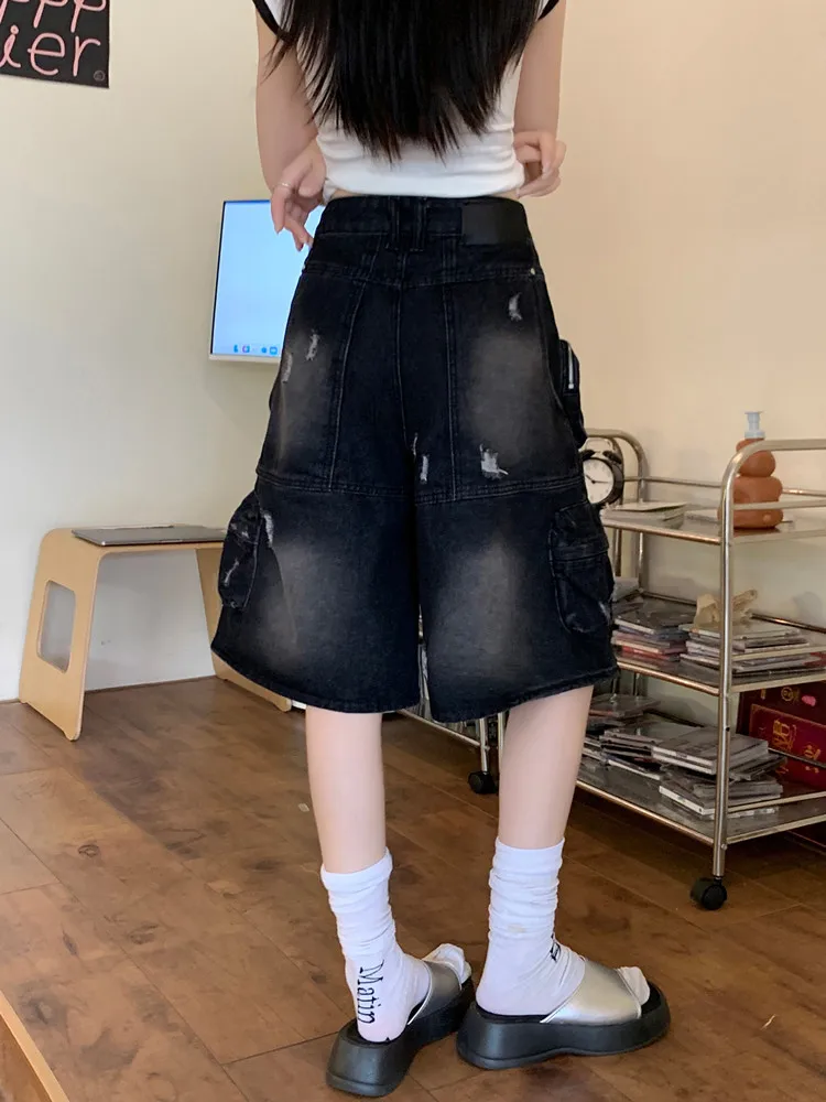 2024 Y2k Retro Women Low Rise Jorts Brushed Black Wash Cropped Baggy Jeans Wide Leg Frayed Denim Short Pants Fashion