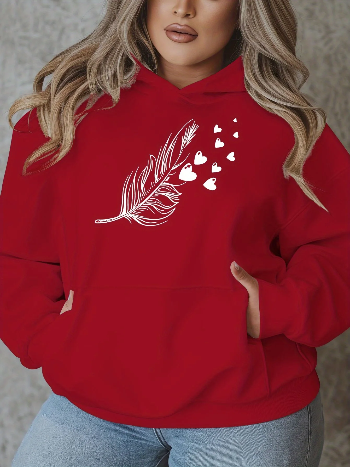 

Женская повседневная толстовка с капюшоном больших размеров с принтом перьев и сердечек, осенне-зимняя флисовая уличная одежда, свободная повседневная одежда больших размеров