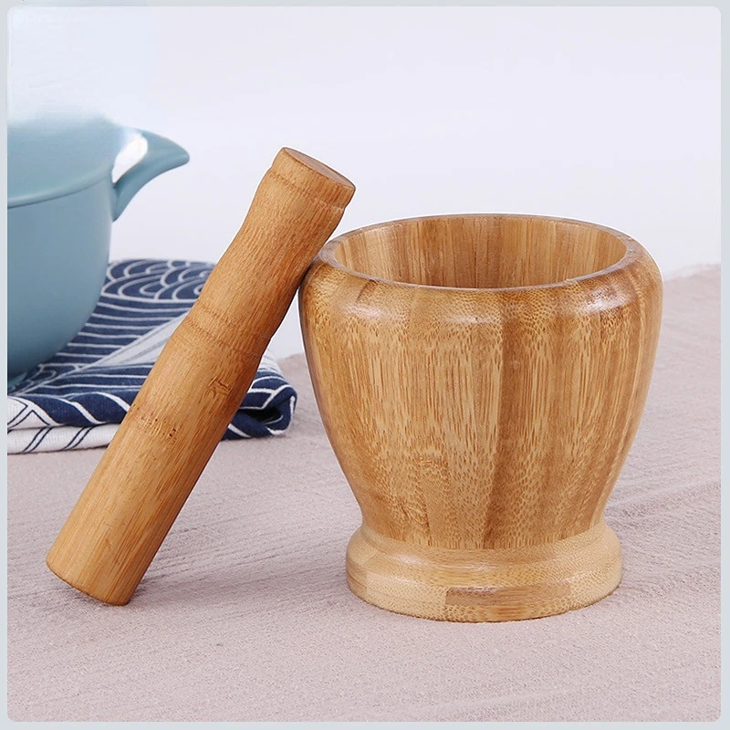 Bamboo Wood Mortar and Pestle Set with Lid Spoon Grinder Press Crusher Masher for Pepper Garlic Herb Spice Kitchen Gadget Sets