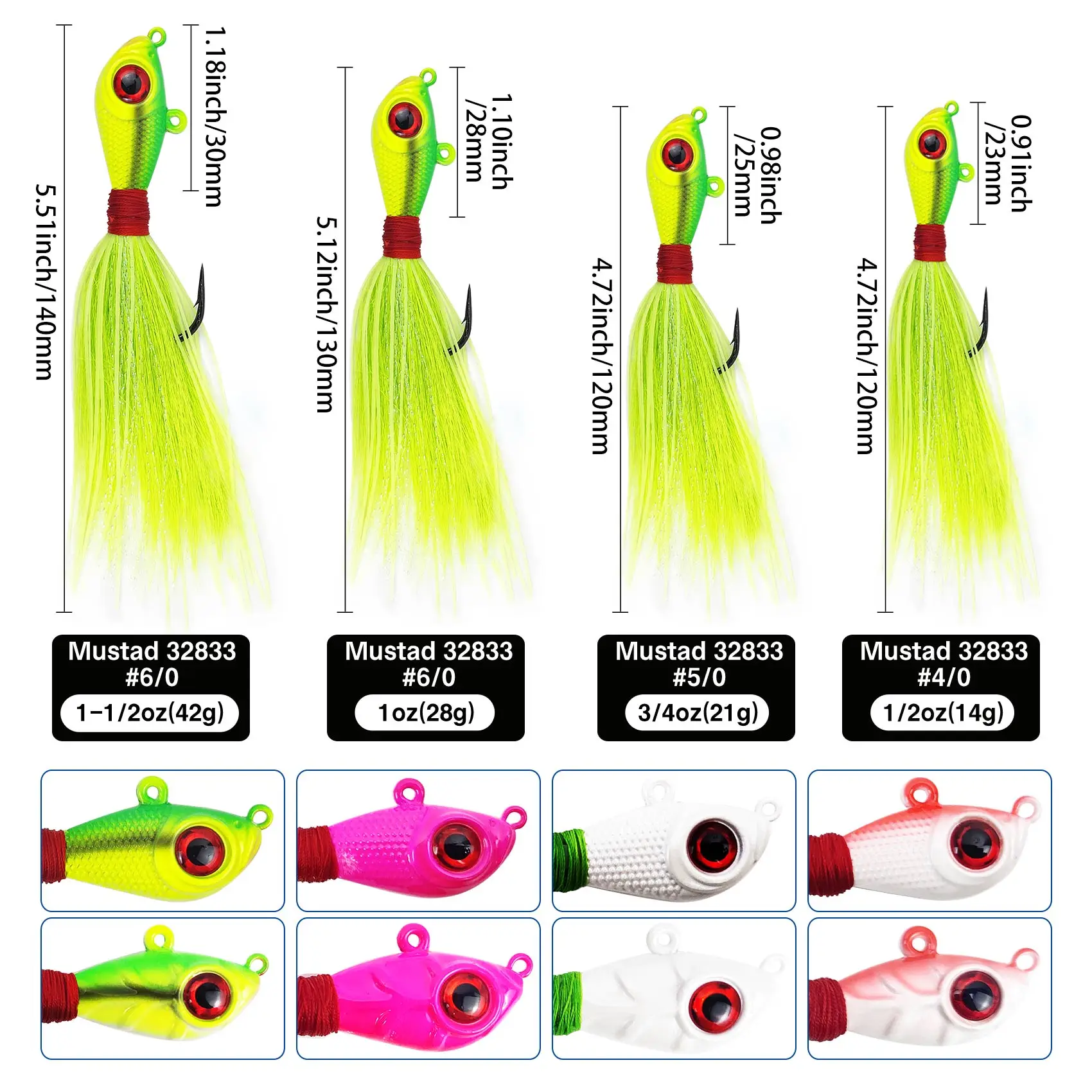 Aventik Glow Bucktail Jigs Kopf 3D Augen Köder mit UV Silikon Rock Jigging Köder 14g 21g 28g 42g Bass Jig Angeln Bucktail Jig – Detail 2
