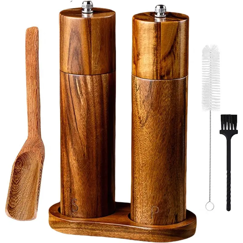 Small Leaved Acacia Wood Cylindrical Pepper Grinder Manual Pepper Mill,Black Pepper Sea Salt Grinding Bottle With Base 8Inch Set