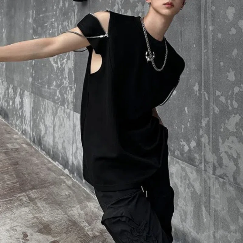 ربيع الخريف موضة الجولة الرقبة قصيرة الأكمام تي شيرت ملابس للرجال الشباب سستة الجوف خارج الاتجاه الكوري الهيب هوب كل مباراة