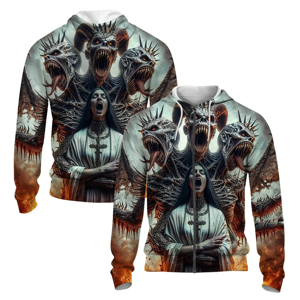 

Fashion Outdoor Halloween Long Sleeve Cardigan Men Loose Casual Drawstring Pocket Zipper Top Fall New Vintage Nun Print Hoodie