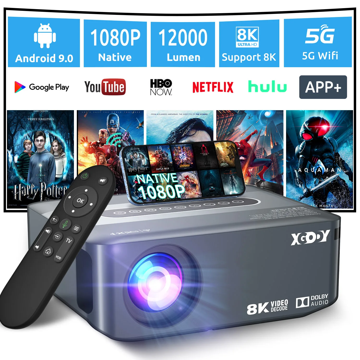 XGDOY 8K Projector Smart 1080P 5G WiFi Bluetooth HDMI Android9.0 Beamer Home Theater Movie