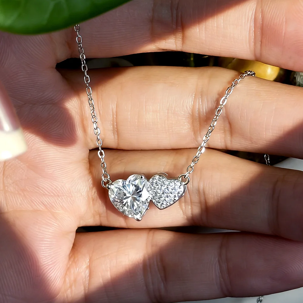 COSYA 2CT Heart Cut Moissanite Necklace For Women 100% S925 Silver D Color Lab Diamond 2 Stone Neck Chain Dainty Fine Jewelry