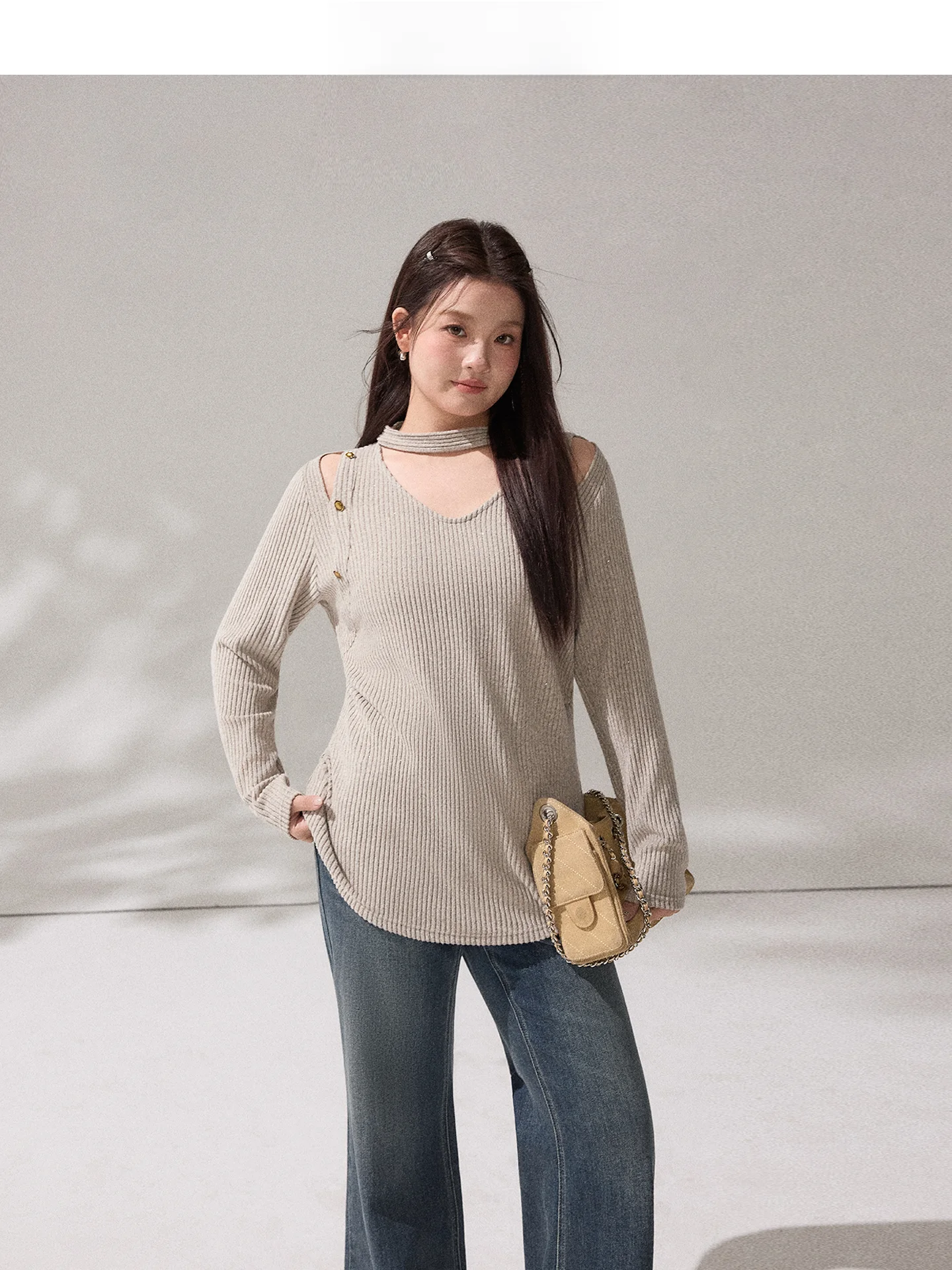 

ay V-Ne oulderBaring Long Sve Knitwear Casual Loose Fit Polyester Fiber Asourda Women's Faion Design Casual Knitwear