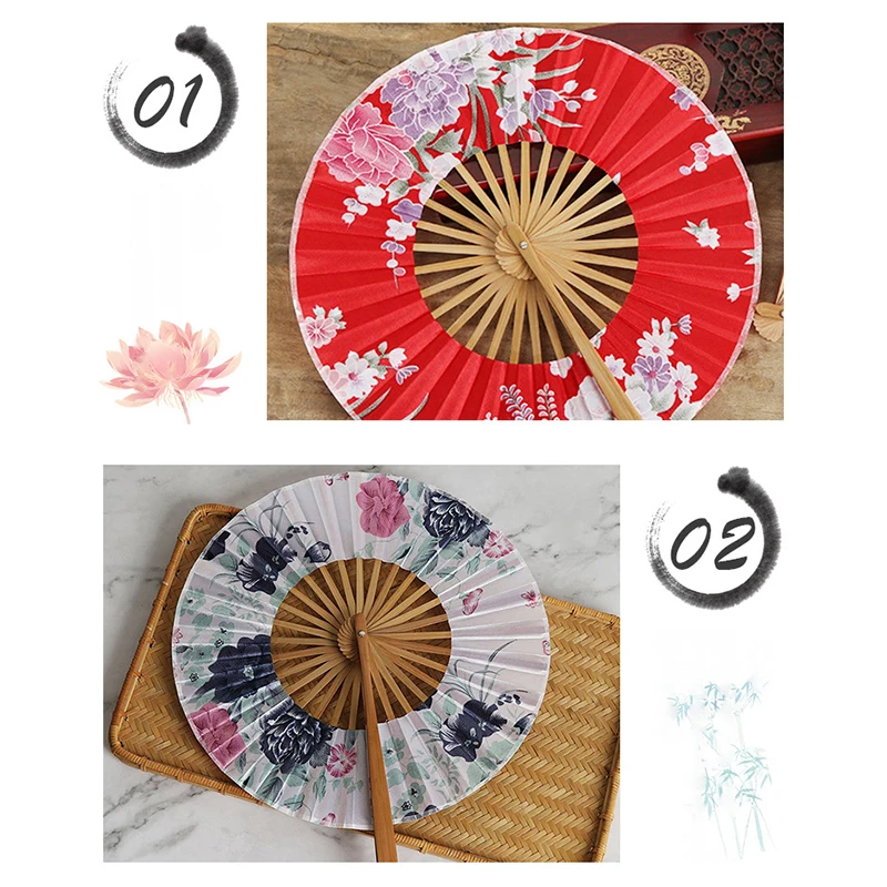 Round Bamboo Hand Fan Chinese Style Flower Pattern Portable Folding Fan With Tasse Wedding Dance Hand Held Fans Party Decor Gift