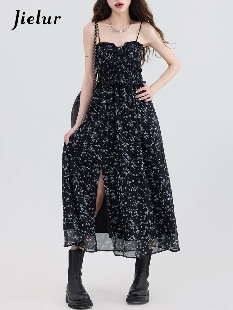 Jielur Spring Summer Sweet Chiffon Floral Dress Female One Pieces Korean Midi Dress Lady Split Elegant Lovely Girls Dresses Y2k