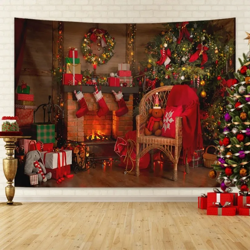 

1pc Christmas decoration tapestry tree fireplace decoration background cloth party photo wall hanging bedroom living room