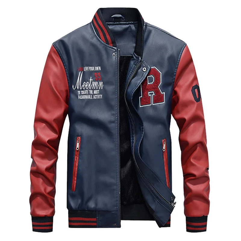 Men PU Leather Bomber Jacket Fashion Patchwork Letter Embroidery Varsity Jackets Coat Male Casual Baseball Uniform Outerwear