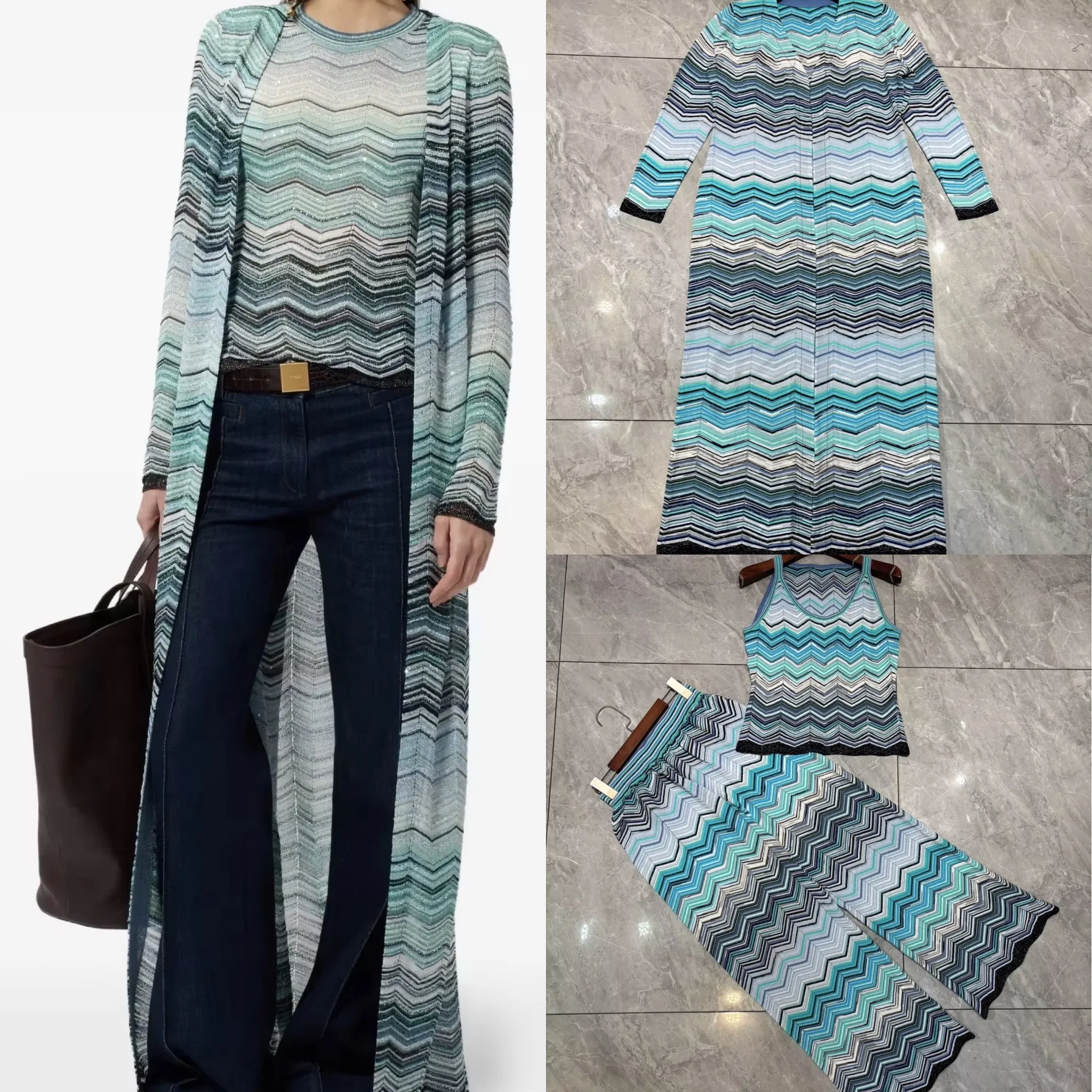Designer Aqua Zigzag Knit Long Kimono Cardigan Top Pants 3-Piece Matching Set Women Luxury Outfit