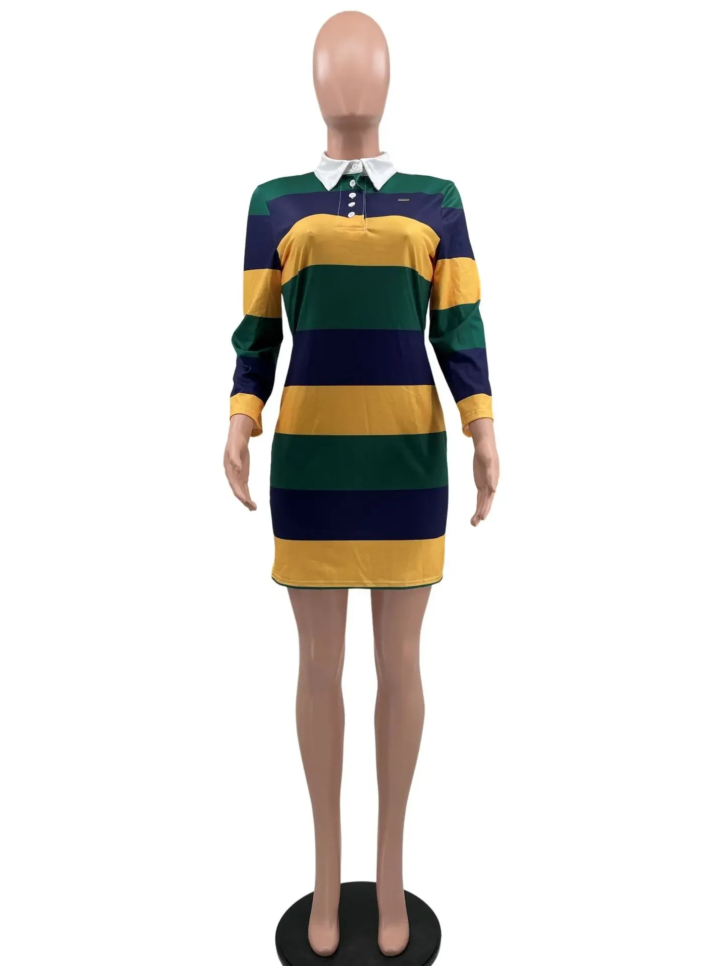 Women Long Sleeve Sriped Print Fashionable Striped Printed POLO Collar Three-quarter Sleeve Street Casual T-shirt Style Dresses