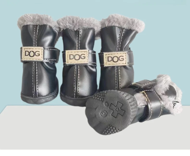 4Pcs Warm PU Dog Shoes Pet Winter Snow Boots Soft Waterproof Small Dog Shoes Plush Non Slip Soft Dog Boot Dogs Accessories