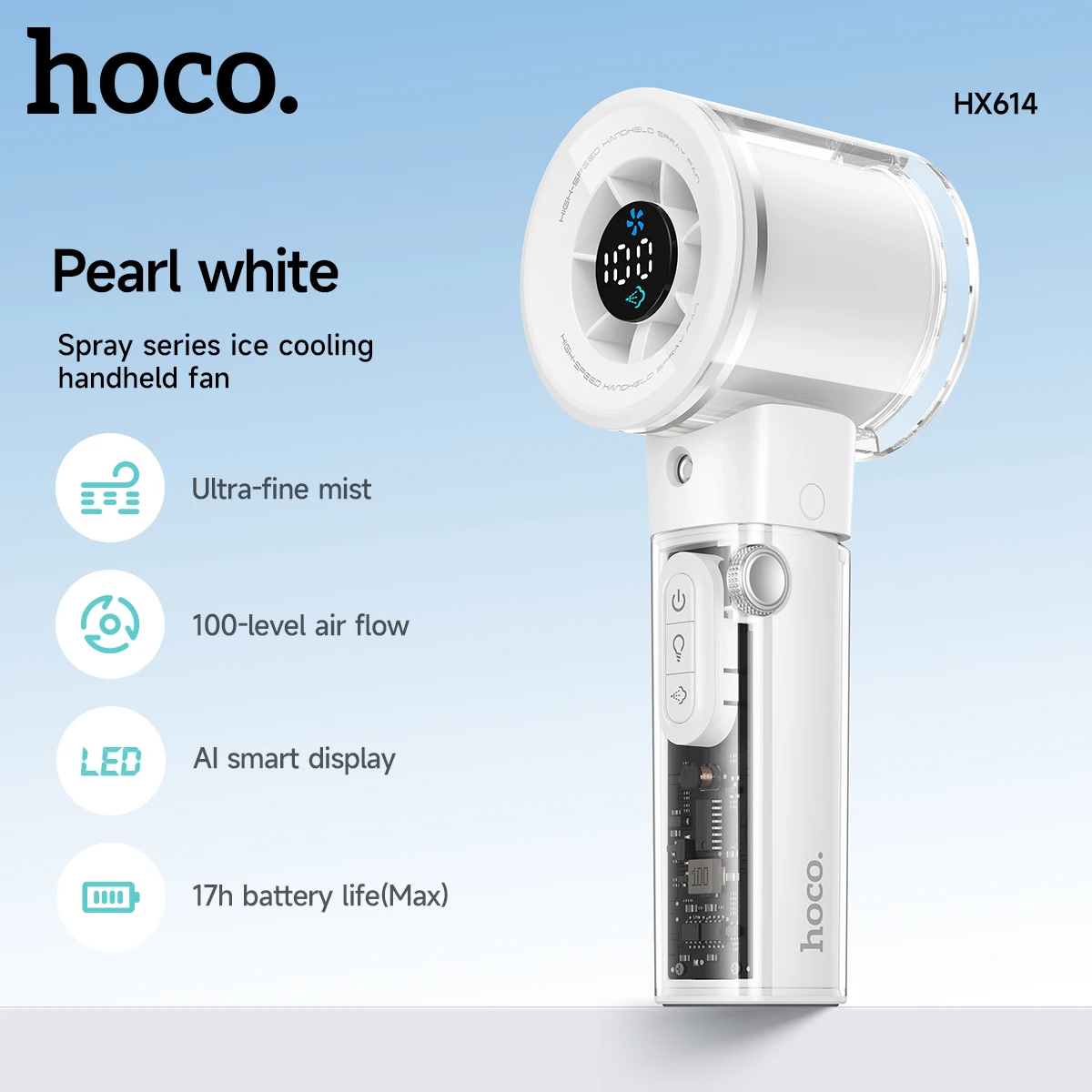 HOCO Draagbare ijskoelende handventilator Transparant Oplaadbaar 3000mAh LED Digitaal display Ventilator Waterverstuivende ventilator Buitenfeest