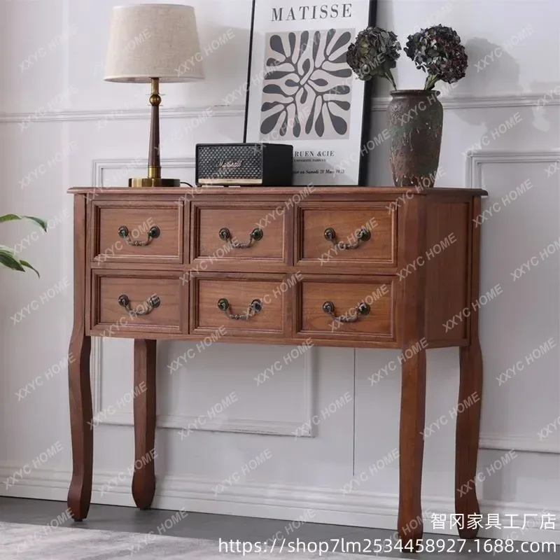 hot sale Retro Solid Wood Console Table for Entrance Decorative Double Drawer Tables Light Luxury Living Room Table for Ho