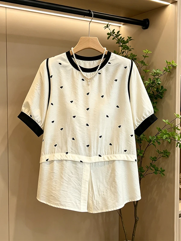 

plus Size Summer Short Sleeve Printed Shirt Women's Meat Concealing Slimming Top Trendy Fake Two-Piece Loose Fit Commute Style
