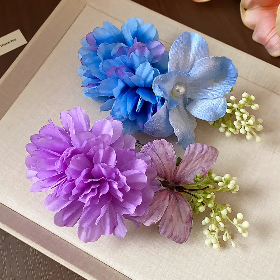 Sweet Blue Purple Flower Hair Clips for Women Brides Cloth Floral Butterfly Hairgrips Wedding Dating Holiday Headdress M