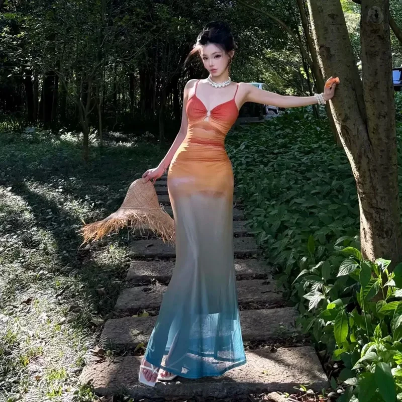 New long mesh skirt with a high-end feel, slimming hollow-out bodycon skirt, swimsuit with straps, sexy and pure desire style, h