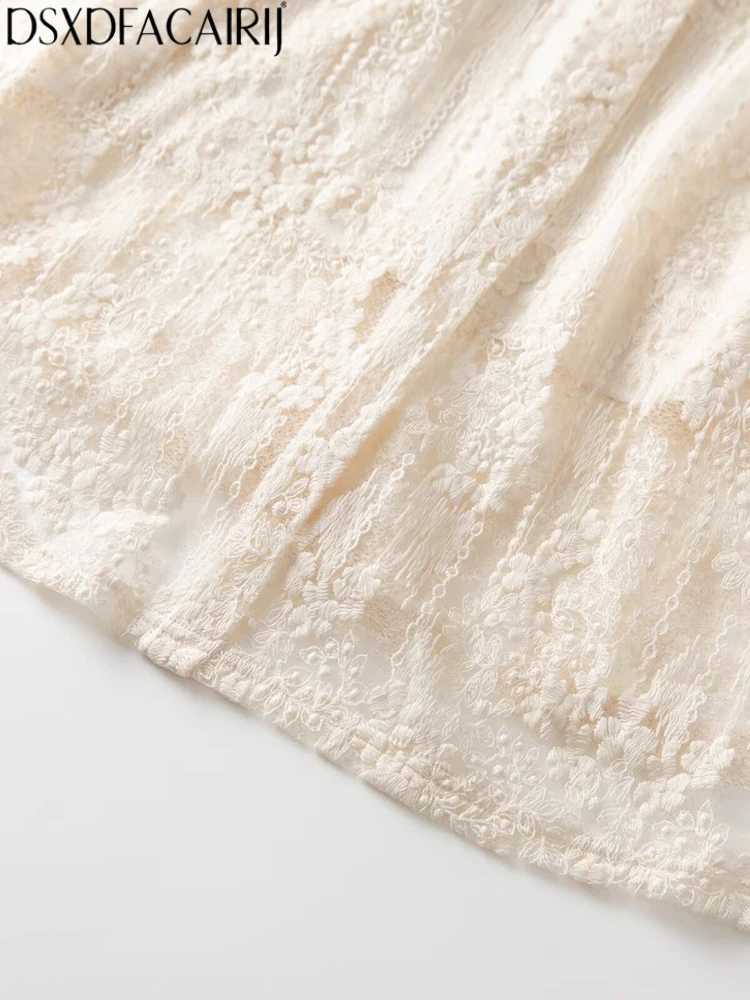 DSXDFACAIRIJ ชุดเดรสผู้หญิงคอวี แขนทรงโคม ผ้าลายแจ็คการ์ด ผูกเชือก แต่งผ้าลูกไม้ สไตล์หวานๆ สำหรับฤดูใบไม้ผลิและฤดูใบไม้ร่วง