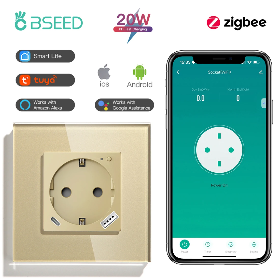 BSEED Single ZigBee Energy Monitor Wandsteckdosen Doppelte Smart Meter Steckdosen Google Smart Life App Steuerung Alexa Triple Steckdosen EU 7