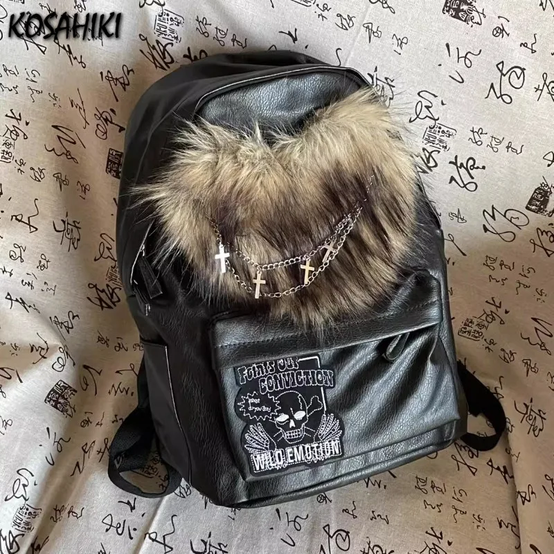 Y2k Aesthetic Punk Cross Chain Backpack Fur Patchwork Harajuku Skull Schoolbags Korean Streetwear Vintage Women Gothic Backpacks