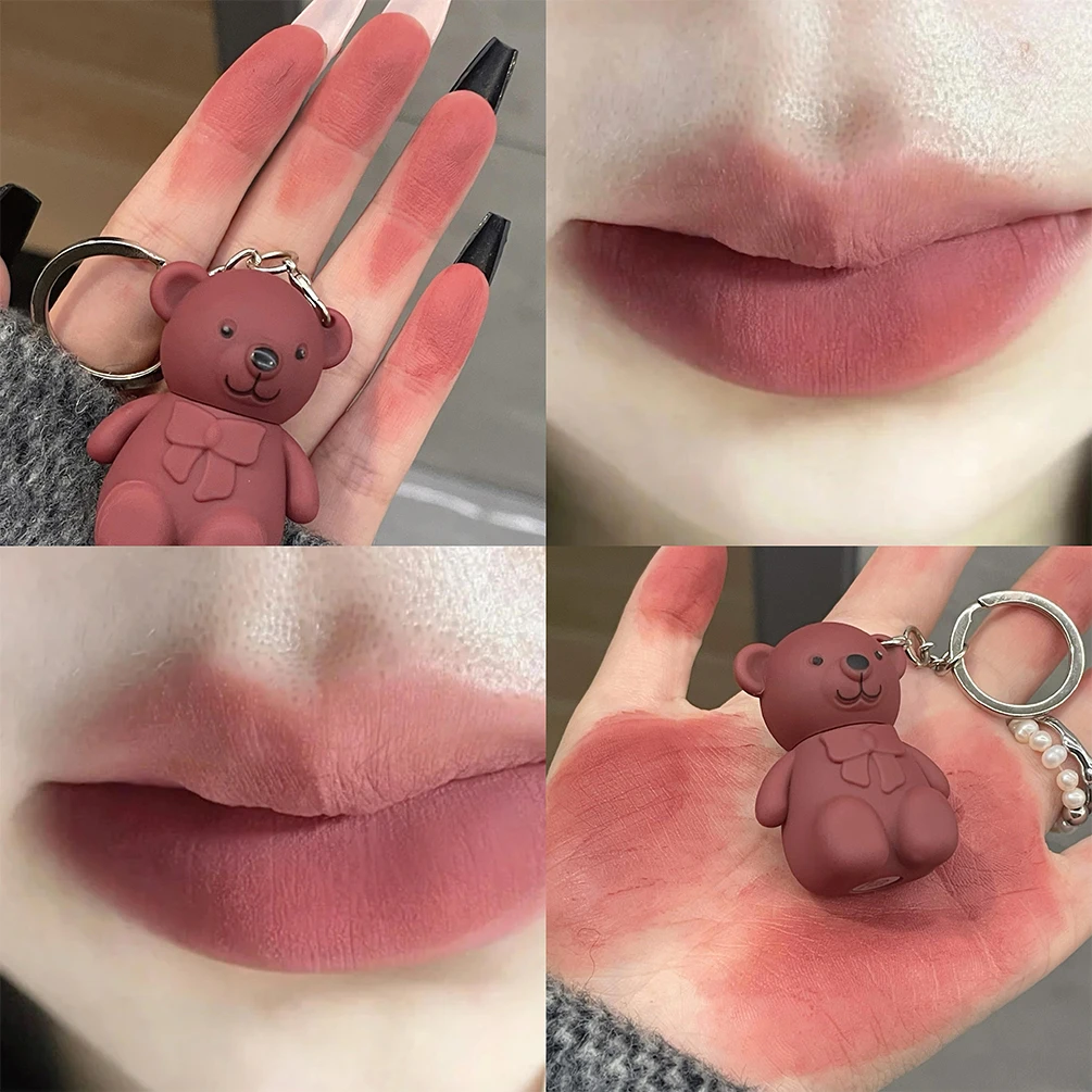 Matte Velvet Lip Glaze Keychain Pendant Cute Bear Liquid Lipstick Ash Pink Nude Lip Gloss Women Waterproof Lip Tint Mud Cosmetic