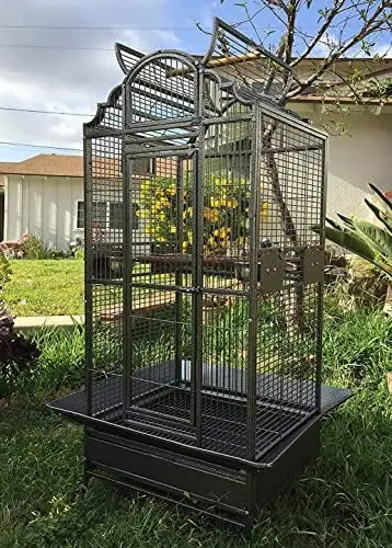 Large Elegant Wrought Iron Open Dome Play Top Bird Parrot Cage, Include Metal Seed Guard Solid Metal Feeder Nest Doors