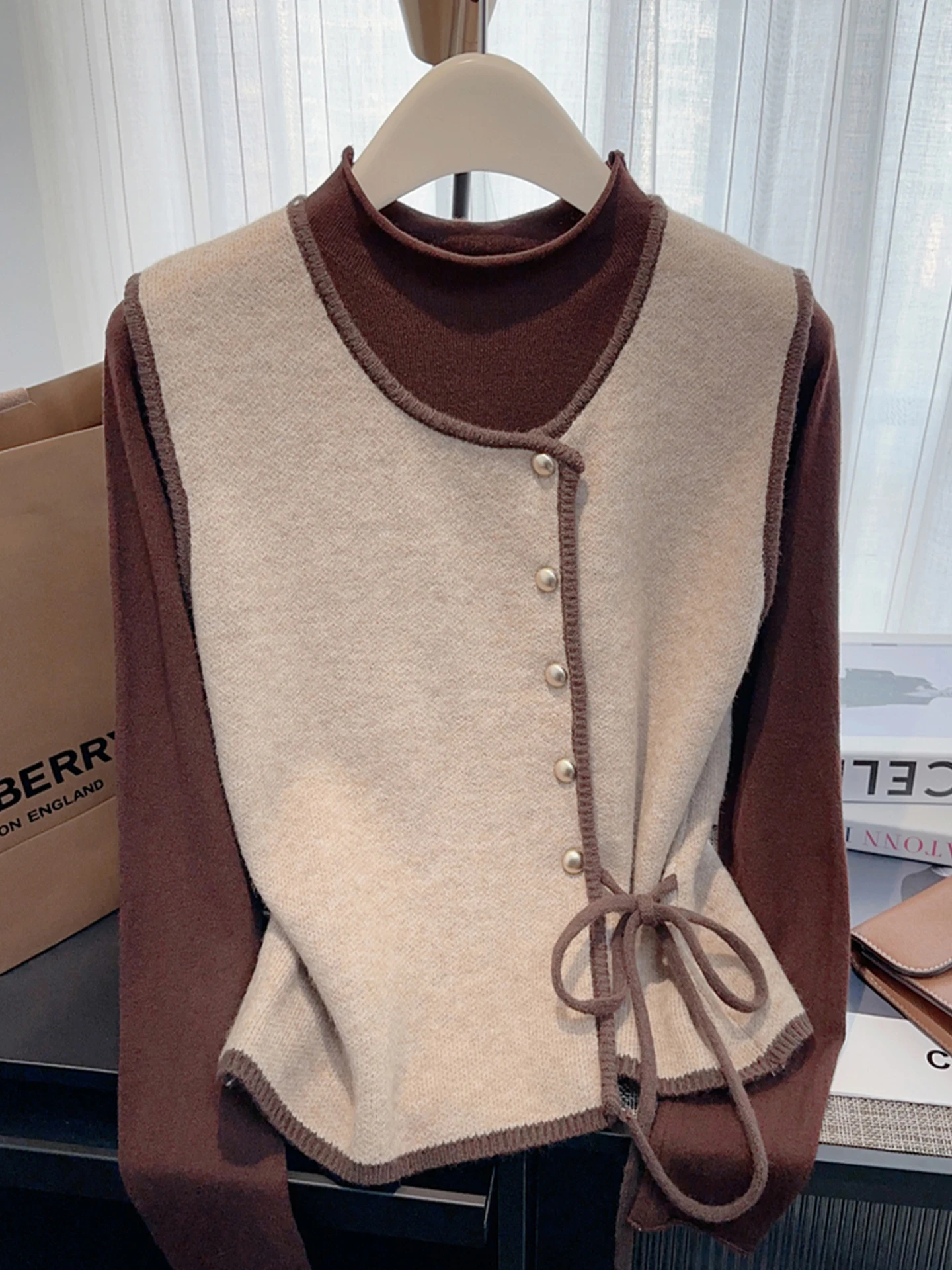 

Женский вязаный жилет из двух предметов Base irt Overlap Trendy 2025 New Sle Korean Sle Slim Fit Long Sve round Ne