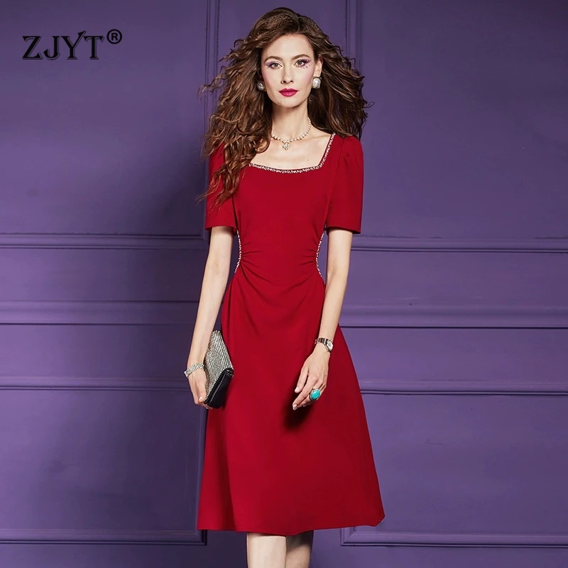 

ZJYT Summer New Elegant Red Party Dresses for Woman 2025 Designer Square Collar Beading Aline Dress Plus Size Female Clothing
