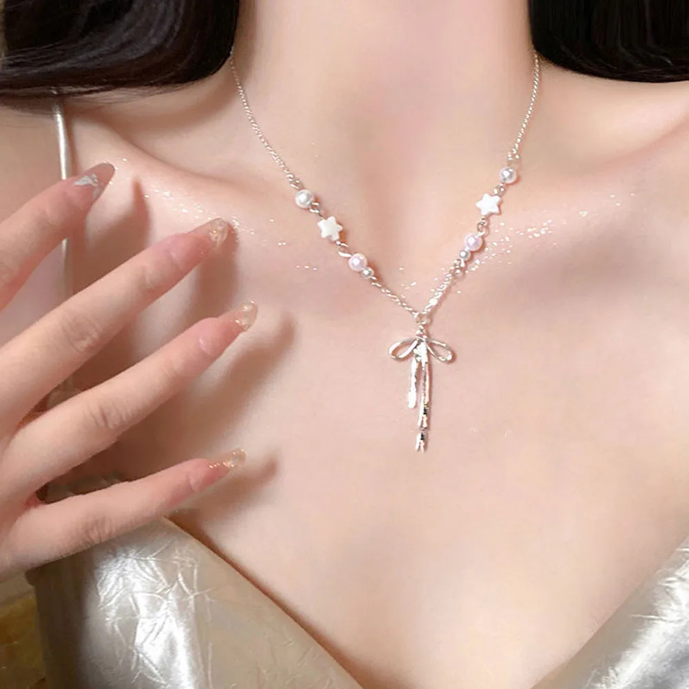 Ожерелье-с-бантом-из-ленты-серебряная-цепочка-на-ключицы-ювелирные-изделия-женское-ожерелье-универсальное-жемчужное-ожерелье-для-свиданий-подруг-собраний